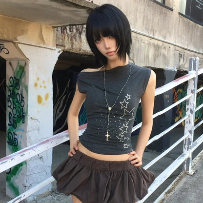 Cathy Dollette  Japanese   Irregular Crop TopOff Shoulder Diamonds Streetwear Grunge TopFairycore Tshirts