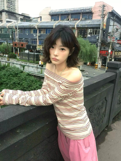 Cathy Dollette Vintage T Shirt  Striped Off Shoulder Crop Top Japanese 2000s Tee TopFemale Streetwear E-girls Tshirts