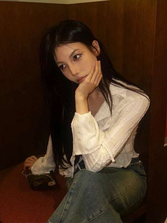 Cathy Dollette Fairycore Long Sleeve 's Shirt Sweet Blouse Lace Up Autumn TopKorean Fashion  Shirts & Blouses Chic Vintage