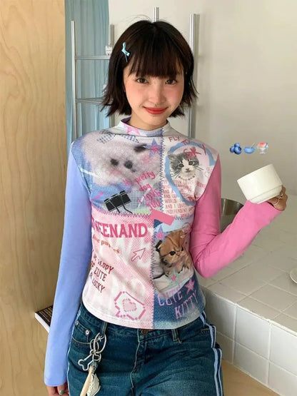 Cathy Dollette Cartoon Graphic T Shirts Woman Clothes Long Sleeve Japan Style Tees 2000s Clothes   Kawaii Autumn TopChic