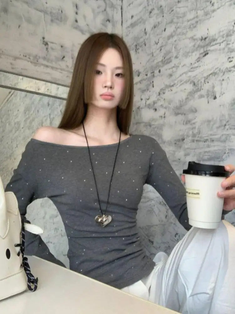 Cathy Dollette Hotsweet One Shoulder Dot T Shirt Long Sleeve Korean Fashion 's  2000s Clothes  Autumn TopTees Female