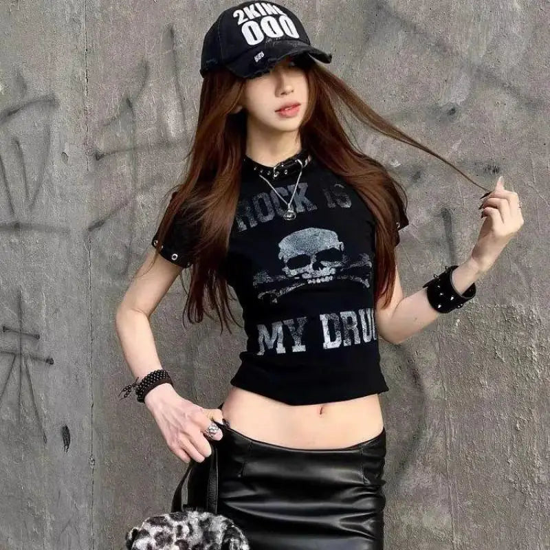 Cathy Dollette Goth Print 's  Short Sleeve Gothic Graphic Tee Female Clothing 2000s Clothes  Summer TopSlim Tshirt