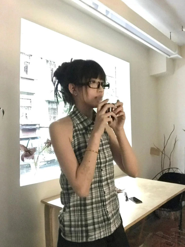 Cathy Dollette Japanese 2000s Plaid Tank Top Turn Down Collar  Vintage Top American Retro Tanks E-girls Summer