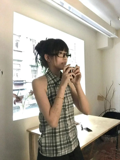 Cathy Dollette Japanese 2000s Plaid Tank Top Turn Down Collar  Vintage Top American Retro Tanks E-girls Summer