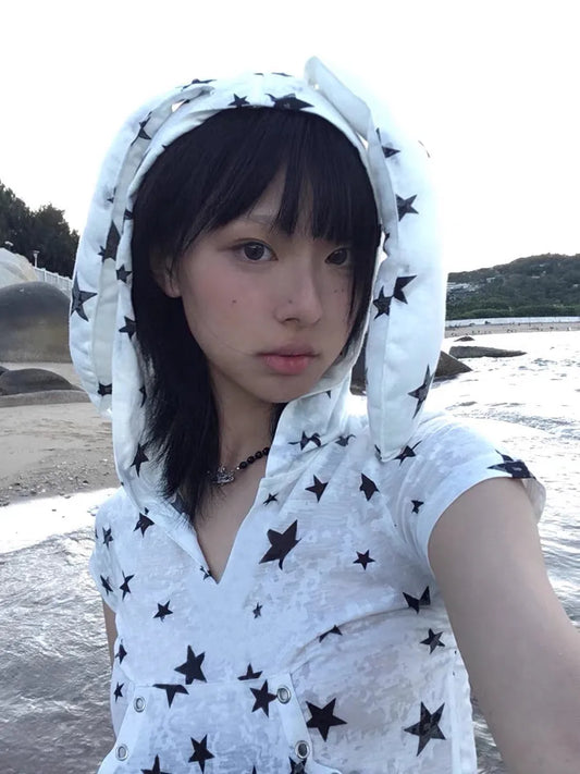 Cathy Dollette Japanese  Hooded  Vintage 2000s Style Rabbit Ears TopHarajuku Star Print Short Sleeve T Shirt Korean Popular