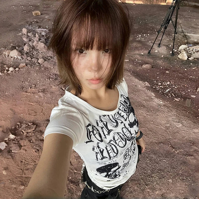 Cathy Dollette Grunge s Skull Print  Japanese  Short Sleeve Tshirt Trashy 2000s Style Streetwear Gothic Punk Vintage