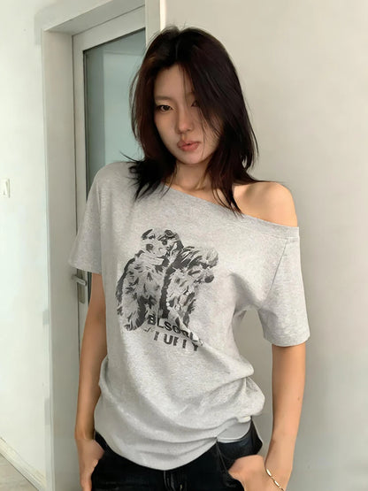 Cathy Dollette American Retro T-shrit  Off Shouder Print Graphic Top Vintage TopE-girls Streetwear Japanese 2000s Tshirts