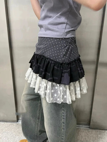 Cathy Dollette Korean Style Skirt  Patchwork Tie Dye Mini Skirt A-line  Vintage Tutu Skirt Lace 2000s Japanese Streetwear