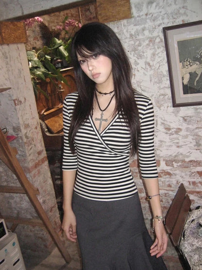 Cathy Dollette Slim V Neck  Gray and Black Striped Top