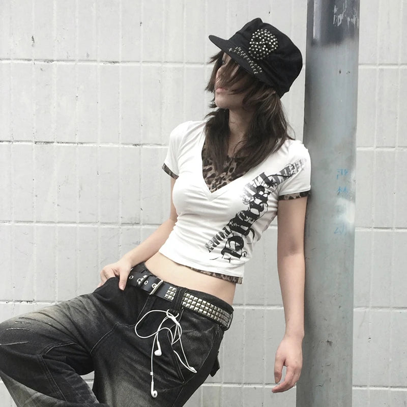 Cathy Dollette Grunge s Fake Two-piece TopTrashy 2000s Style Tattoo Print  Vintage  Leopard T Shirt American Retro