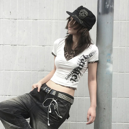 Cathy Dollette Grunge s Fake Two-piece TopTrashy 2000s Style Tattoo Print  Vintage  Leopard T Shirt American Retro
