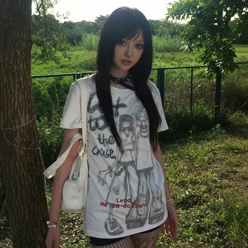 Cathy Dollette Japanese  Anime Print  Vintage Harajuku Short Sleeve Tee Shirt 2000s s Streetwear American Retro 90s