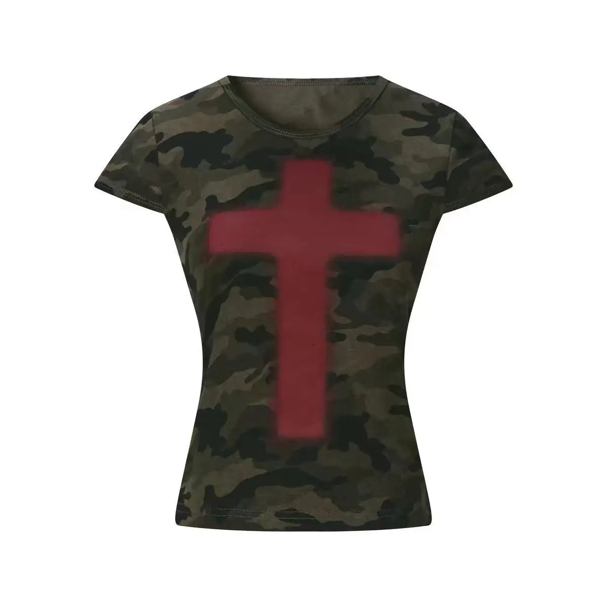 Cathy Dollette Camouflage Cross Graphic T Shirts Woman Clothing Short Sleeve Slim Korean Fashion 2000s Clothes  Print Summer Tops