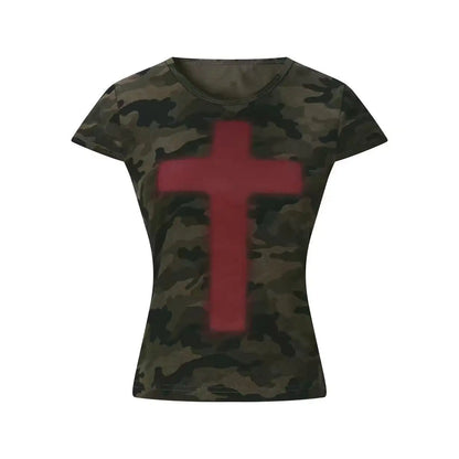 Cathy Dollette Camouflage Cross Graphic T Shirts Woman Clothing Short Sleeve Slim Korean Fashion 2000s Clothes  Print Summer Tops
