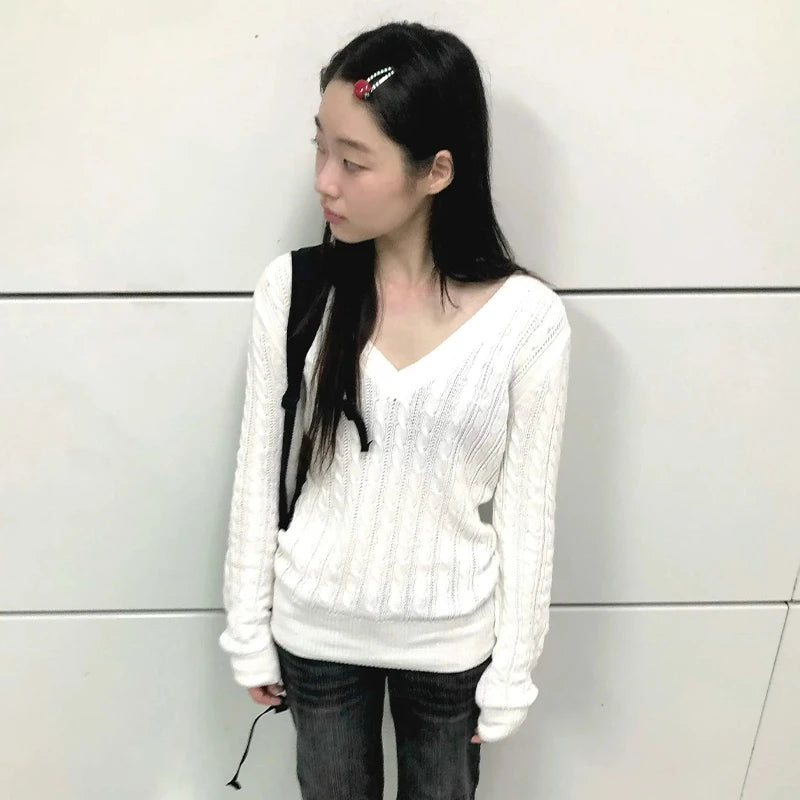 Cathy Dollette Japanese  V-neck White Sweater Vintage Harajuku Knit Slim Pullover Korean Style Fall Winter Knitwear 2000s s