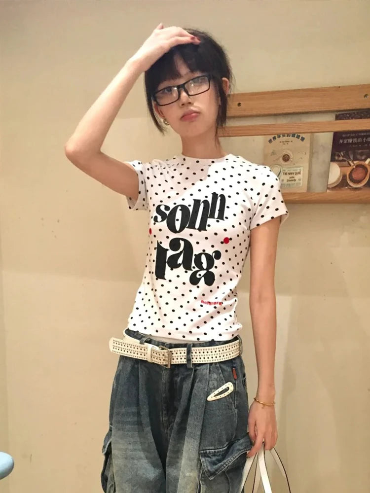 Cathy Dollette Harajuku Print Graphic Top Short Sleeve Polka Dot   Japanese Grunge Top Tshirts