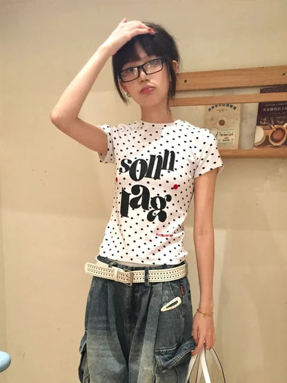 Cathy Dollette Harajuku Print Graphic Top Short Sleeve Polka Dot   Japanese Grunge Top Tshirts