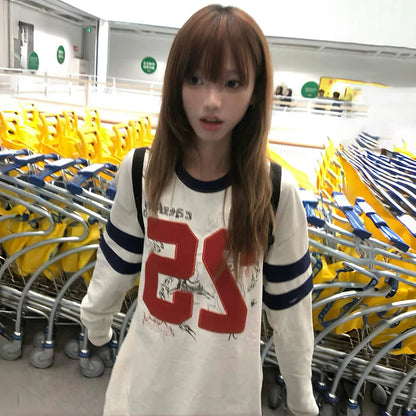 Cathy Dollette Japanese  Number Print  2000s s Long Sleeve Jersey TopVintage Harajuku Streetwear American Retro