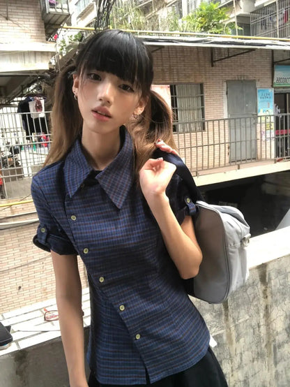 Cathy Dollette  Japanese  Shirt Short Sleeve Irregular Plaid Blouse And Shirt Grunge Top 2000s Shirts Tops