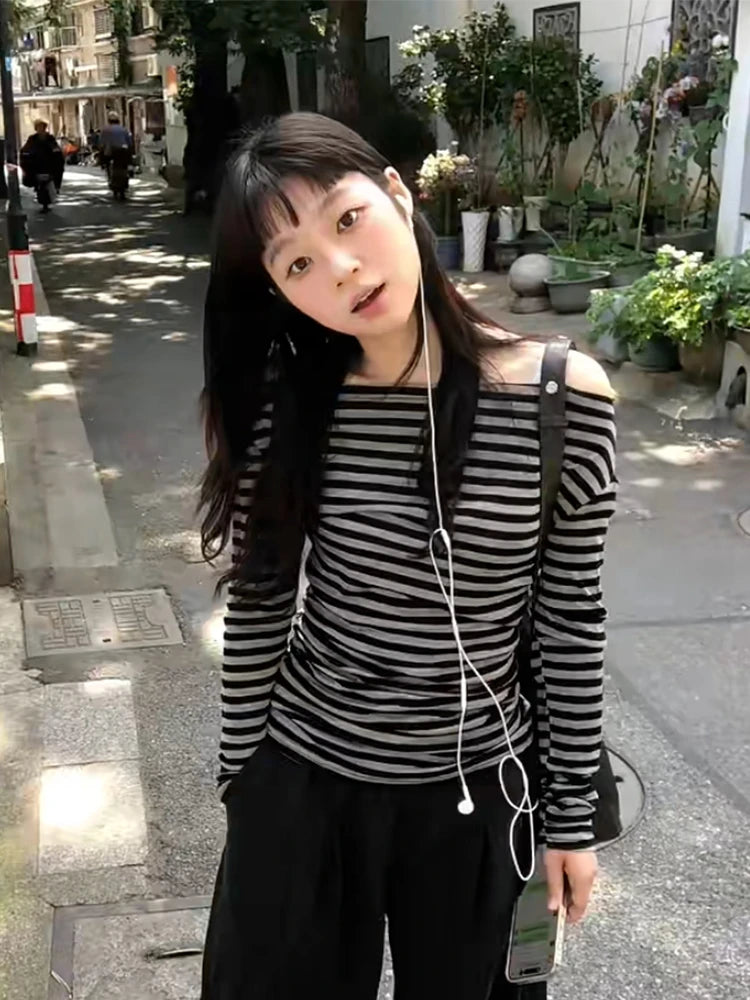 Cathy Dollette  2000s   Long Sleeve Striped Casual Tshirts Off Shoulder Korean Style Fairycore  Tee Tops