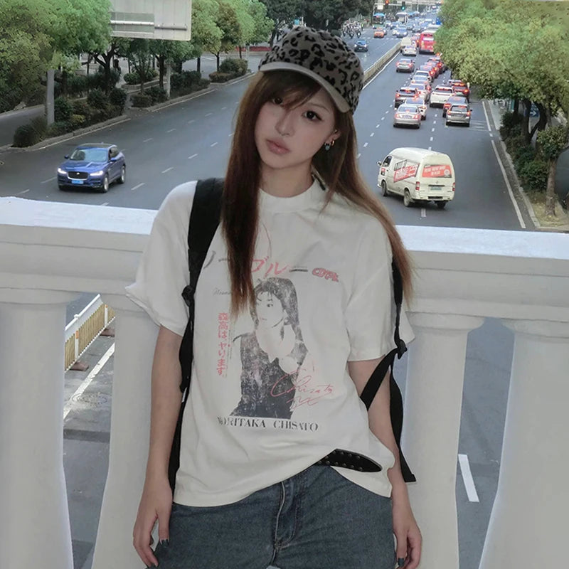 Cathy Dollette Japanese  Anime Print  Trashy 2000s Style Short Sleeve Tshirt Vintage Harajuku White Loose TopAmerican Retro