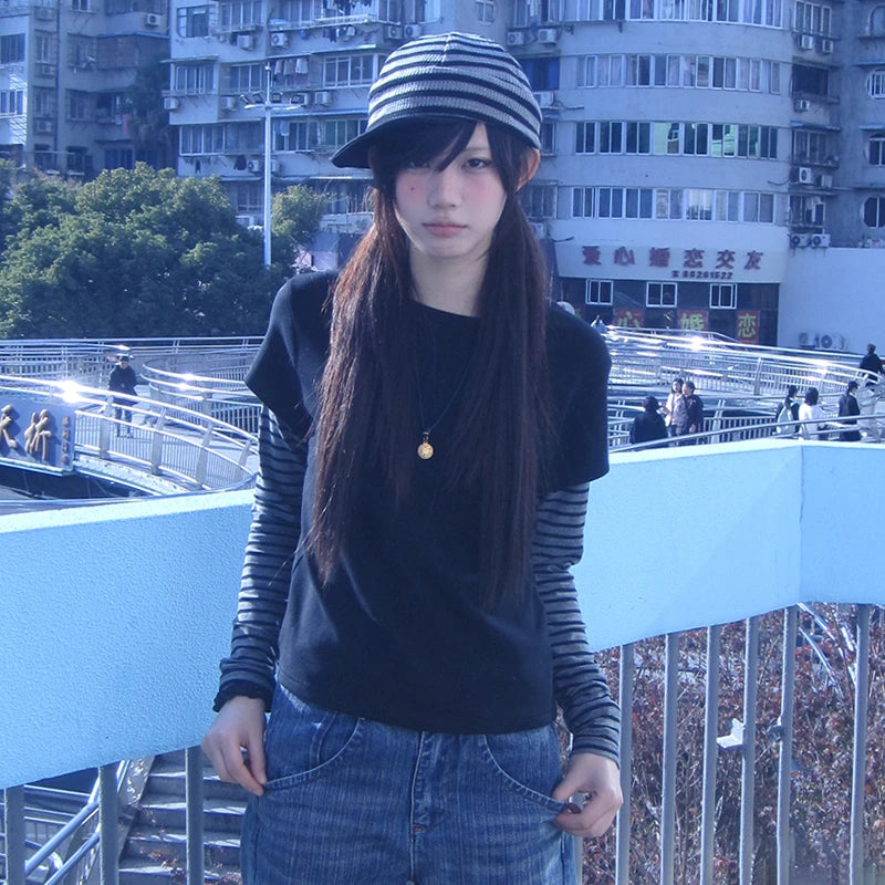 Cathy Dollette Japanese  Fake Two-piece Top2000s Style Long Sleeve Knitted  Vintage Harajuku Knit Streetwear American Retro