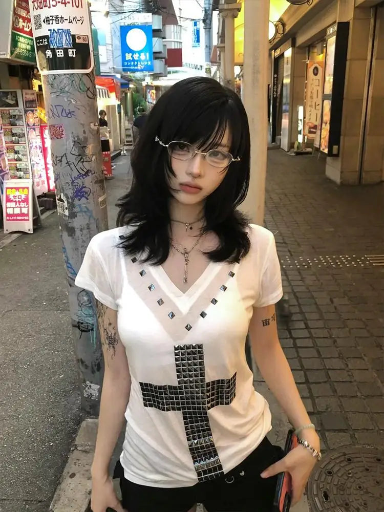 Cathy Dollette  Japanese T Shirt  Short Sleeve Sequined Cross Tee TopAmerican Retro Vintage TopE-girls Streetwear Tshirts