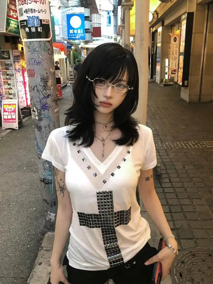 Cathy Dollette  Japanese T Shirt  Short Sleeve Sequined Cross Tee TopAmerican Retro Vintage TopE-girls Streetwear Tshirts