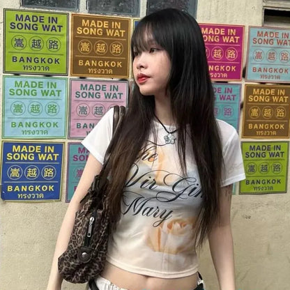 Cathy Dollette Vintage Print Mesh Short Sleeve Skinny See Through Crop Top Retro Tshirts Streetwear 2000s Japanese Tee Tops
