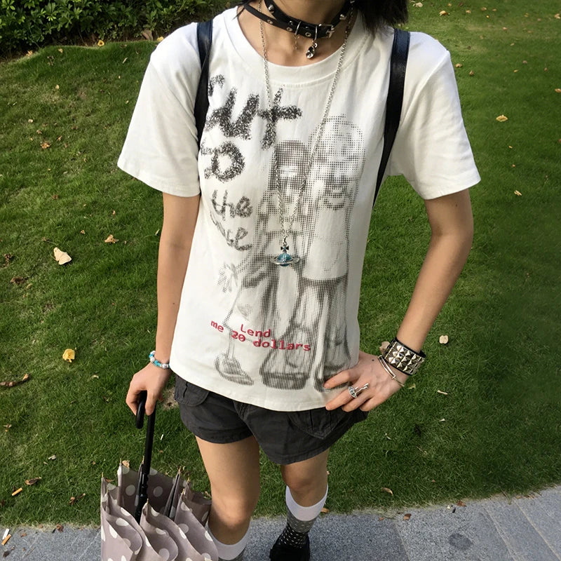 Cathy Dollette Japanese  Anime Print  Vintage Harajuku Short Sleeve Tee Shirt 2000s s Streetwear American Retro 90s