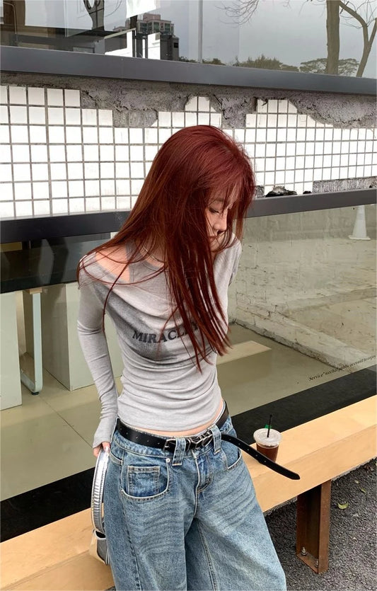 Cathy Dollette Vintage T Shirt  Long Sleeve Skinny Fake Two Pieces Top  Fairycore TopKorean Style 2000s Tee Top