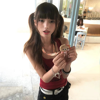 Cathy Dollette Japanese  Letter Print Tank Top Trashy 2000s Style Red Tanktop Vintage Harajuku Sleeveless Crop Top American Retro