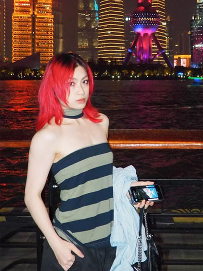 Cathy Dollette Patchwork Striped Tube Sleeveless Tank TopKorean Fashion 2000s Clothes  Summer 2025 Halter TopChic Corset Woman