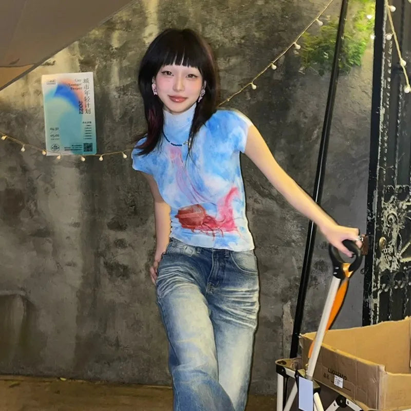 Cathy Dollette Japanese  Crop Top 2000s s Graphic T Shirts Vintage Harajuku Short Sleeve  Grunge Tie-dye Slim Tops