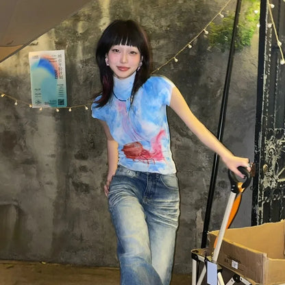 Cathy Dollette Japanese  Crop Top 2000s s Graphic T Shirts Vintage Harajuku Short Sleeve  Grunge Tie-dye Slim Tops