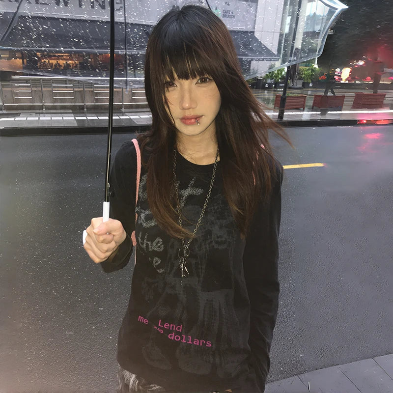 Cathy Dollette Japanese  Anime Print  Vintage Harajuku Long Sleeve Tee Shirt 2000s s Streetwear American Retro 90s