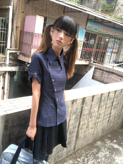 Cathy Dollette  Japanese  Shirt Short Sleeve Irregular Plaid Blouse And Shirt Grunge Top 2000s Shirts Tops