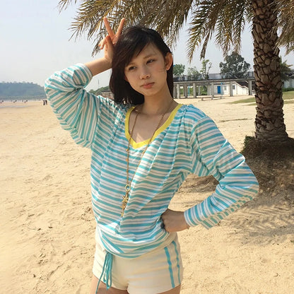Cathy Dollette Japanese  Blue Striped  Korean 2000s Style V-neck Long Sleeve T Shirt Vintage Harajuku Off Shoulder Loose Tops