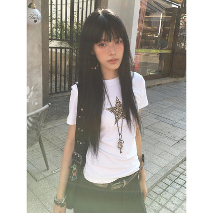 Cathy Dollette Harajuku Print T Shirt  Short Sleeve Leopard Stars Tee TopLoose  Grunge TopJapanese 2000s Tshirts