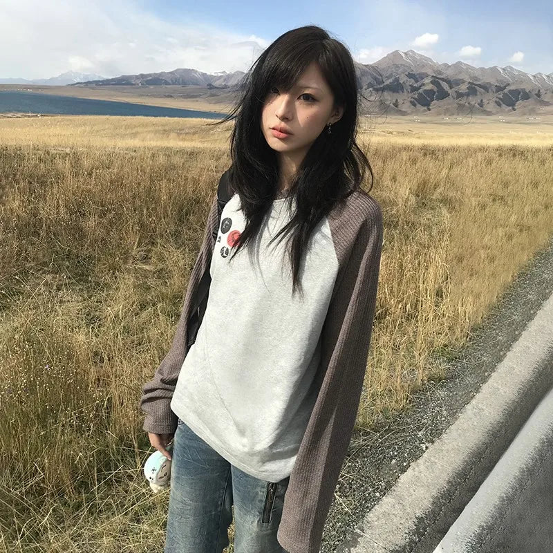 Cathy Dollette Japanese  Patchwork  Vintage 2000s Style Knitted Top90s Harajuku Long Sleeve Ribbed T Shirt American Retro