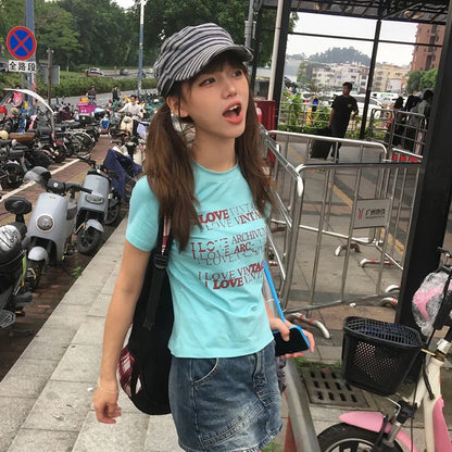 Cathy Dollette Japanese  Letter Print  Trashy 2000s Style Crop Top Vintage Harajuku Short Sleeve Tee Shirt 90s American Retro