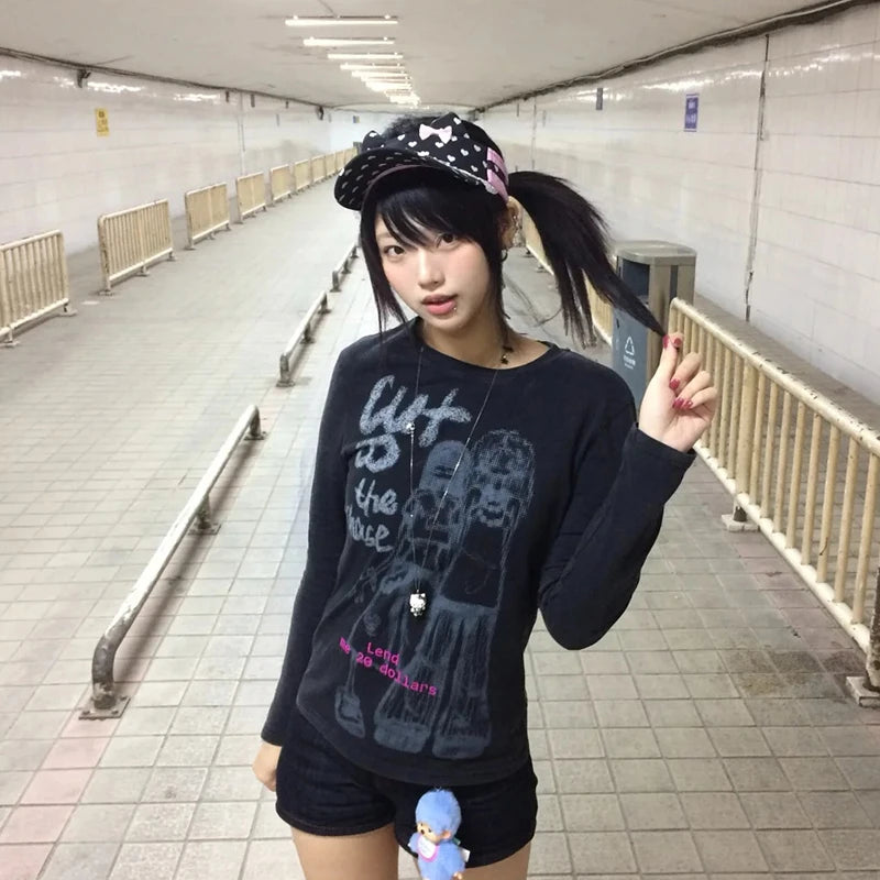 Cathy Dollette Harajuku Print Graphic TopLong Sleeve Cartoon   Tee TopBlack Vintage TopJapanese 2000s Streetwear