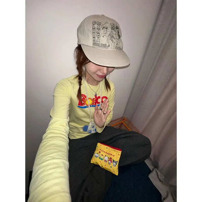 Cathy Dollette Hotsweet Yellow Graphic T Shirts Long Sleeve Spring Autumn TopCottton 2000s Clothes  Print Tees Female Clothing
