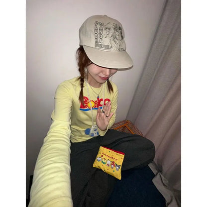 Cathy Dollette Hotsweet Yellow Graphic T Shirts Long Sleeve Spring Autumn TopCottton 2000s Clothes  Print Tees Female Clothing