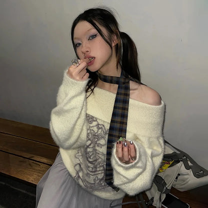 Cathy Dollette Japanese  Embroidered Pullover Vintage Harajuku Thick Knitted Sweater Retro 2000s Style Knitwears Korean Fashion 90s