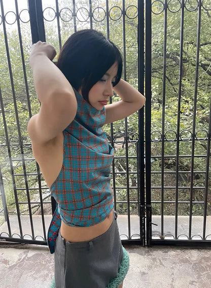 Cathy Dollette Vintage Tank Top Plaid Sleeveless Hollow Out Lace Up Crop Top Retro Tanks Backless Summer Tee Top2000s