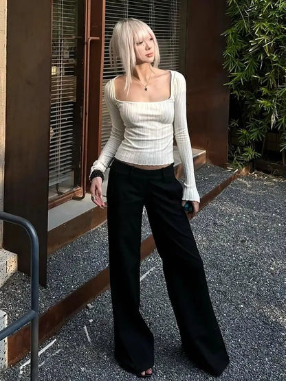 Cathy Dollette Hotsweet Square Collar Knitwear 's  Long Sleeve Slim 2000s Clothes  Pullover Autumn TopTees Female Chic