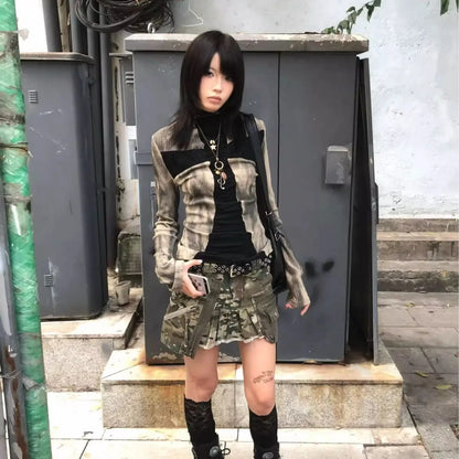 Cathy Dollette  Japanese Tshirt  Long Sleeve Patchwork Tie Dye Tee Top Asethetic Grunge TopAmerican Retro 90s
