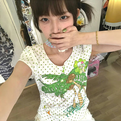 Cathy Dollette Japanese  Kawaii  2000s s Coconut Tree Print T Shirt Vintage Harajuku Polka Dots Crop TopLolita 90s