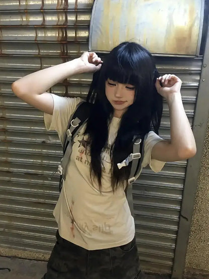 Cathy Dollette  Japanese Print   Short Sleeve Cotton Graphic Top  2000s Grunge TopCasual Tshirt